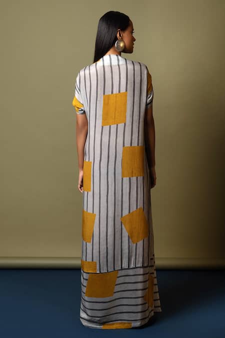Shop_Nautanky_White Natural Crepe Embroidery Round Striped Slit Kaftan _at_Aza_Fashions