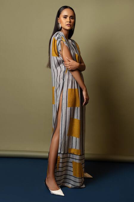 Nautanky_White Natural Crepe Embroidery Round Striped Slit Kaftan _Online_at_Aza_Fashions