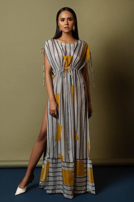 Buy_Nautanky_White Natural Crepe Embroidery Round Striped Slit Kaftan _Online_at_Aza_Fashions
