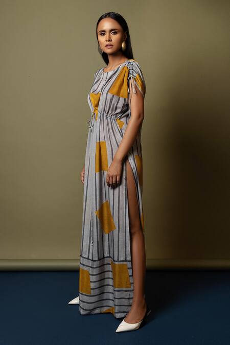 Shop_Nautanky_White Natural Crepe Embroidery Round Striped Slit Kaftan _Online_at_Aza_Fashions
