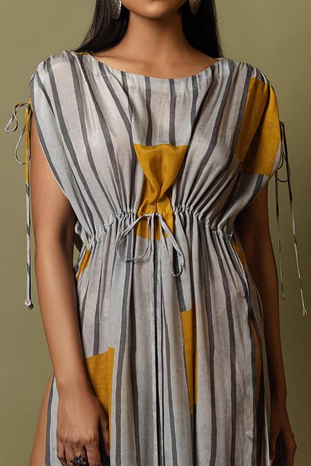 Nautanky_White Natural Crepe Embroidery Round Striped Slit Kaftan _at_Aza_Fashions