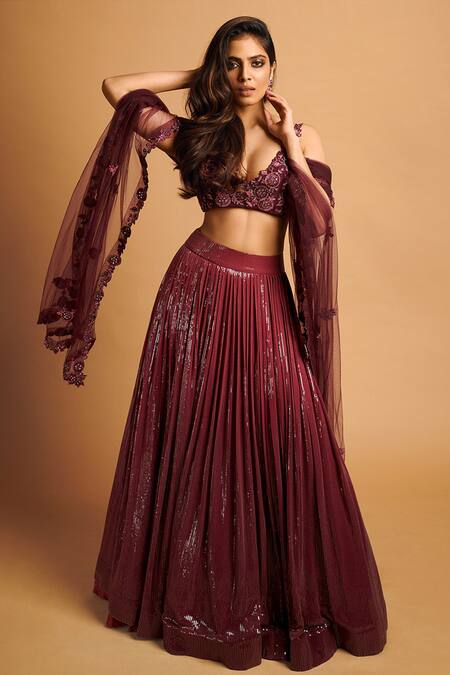 Sawan Gandhi Purple Georgette Sequin, Applique Plunge V Neck Embellished Lehenga Set Online at Aza Fashions Sawan Gandhi_Purple Georgette Sequin, Applique Plunge V Neck Embellished Lehenga Set_Online_at_Aza_Fashions