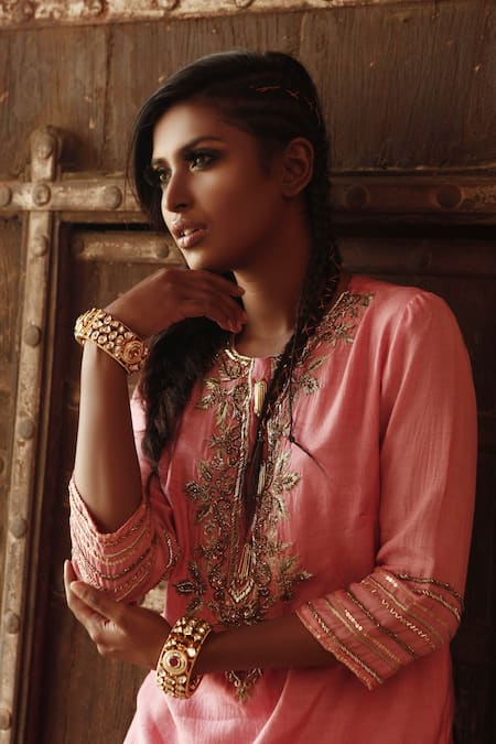 Shop Samatvam By Anjali Bhaskar Pink Cotton Silk Round Embroidered Kurta And Dhoti Pant Set at Aza Fashions Shop_Samatvam By Anjali Bhaskar_Pink Cotton Silk Round Embroidered Kurta And Dhoti Pant Set _at_Aza_Fashions