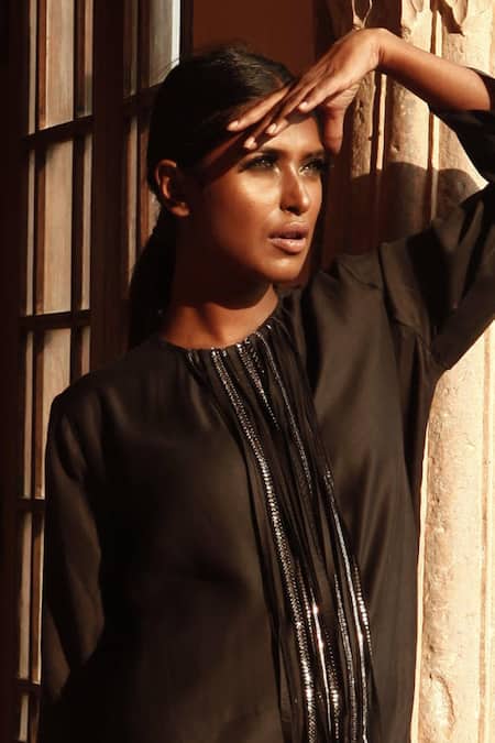 Shop Samatvam By Anjali Bhaskar Black Modal Satin, Lycra Net Round Embroidered Pant Set at Aza Fashions Shop_Samatvam By Anjali Bhaskar_Black Modal Satin, Lycra Net Round Embroidered Pant Set _at_Aza_Fashions