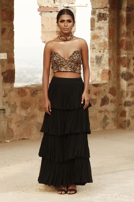Samatvam By Anjali Bhaskar Black Georgette V Neck Embroidered Skirt Set