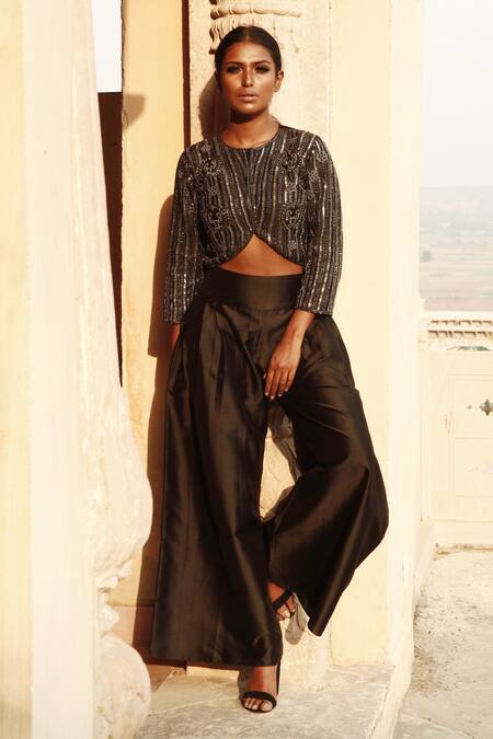 Samatvam By Anjali Bhaskar Black Satin Round Embroidered Pant Set 