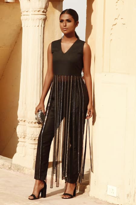 Samatvam By Anjali Bhaskar Black Satin V Neck Embroidered Pant Set 