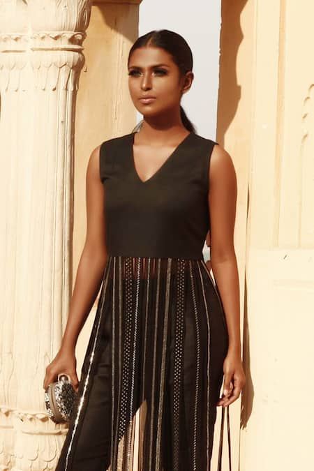 Shop Samatvam By Anjali Bhaskar Black Satin V Neck Embroidered Pant Set at Aza Fashions Shop_Samatvam By Anjali Bhaskar_Black Satin V Neck Embroidered Pant Set _at_Aza_Fashions