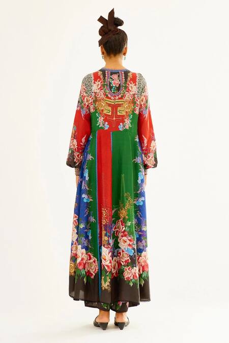 Shop Rajdeep Ranawat Red Silk Floral Round Neck Aida Printed Anarkali at Aza Fashions Shop_Rajdeep Ranawat_Red Silk Floral Round Neck Aida Printed Anarkali_at_Aza_Fashions