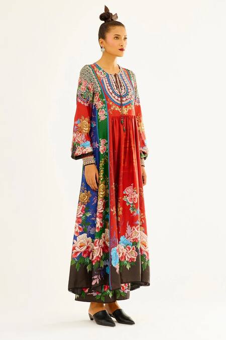 Rajdeep Ranawat Red Silk Floral Round Neck Aida Printed Anarkali Online at Aza Fashions Rajdeep Ranawat_Red Silk Floral Round Neck Aida Printed Anarkali_Online_at_Aza_Fashions