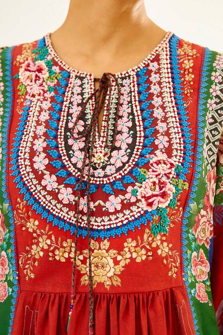 Rajdeep Ranawat Red Silk Floral Round Neck Aida Printed Anarkali at Aza Fashions Rajdeep Ranawat_Red Silk Floral Round Neck Aida Printed Anarkali_at_Aza_Fashions