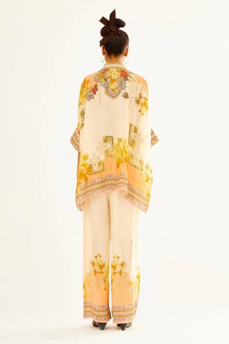 Shop_Rajdeep Ranawat_Beige Silk Printed Floral Band Collar Chanel Short Tunic _at_Aza_Fashions