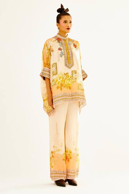 Rajdeep Ranawat_Beige Silk Printed Floral Band Collar Chanel Short Tunic _Online_at_Aza_Fashions