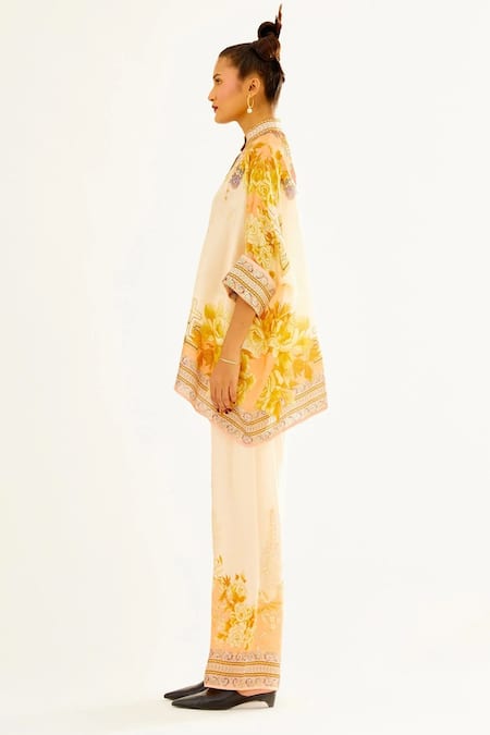 Buy_Rajdeep Ranawat_Beige Silk Printed Floral Band Collar Chanel Short Tunic _Online_at_Aza_Fashions