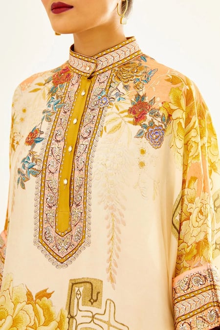 Shop_Rajdeep Ranawat_Beige Silk Printed Floral Band Collar Chanel Short Tunic _Online_at_Aza_Fashions