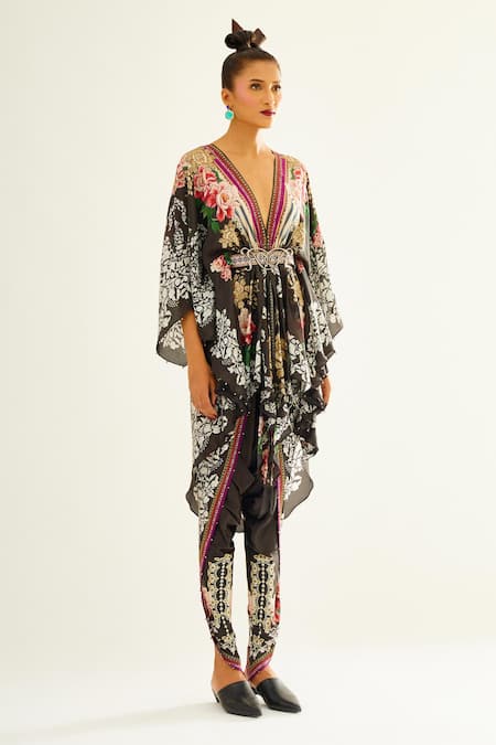 Rajdeep Ranawat Black Satin Printed Floral Dhanno Dhoti Pant  