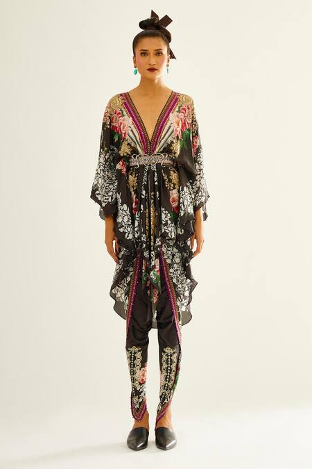 Buy_Rajdeep Ranawat_Black Satin Floral Dhanno Printed Dhoti Pant_Online_at_Aza_Fashions