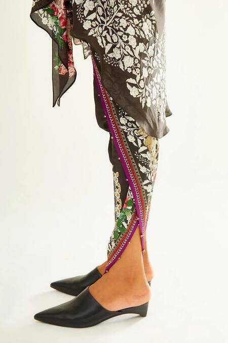 Shop_Rajdeep Ranawat_Black Satin Floral Dhanno Printed Dhoti Pant_Online_at_Aza_Fashions