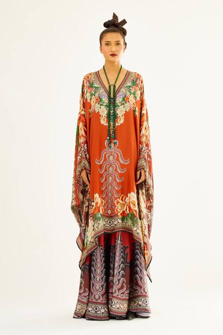 Buy_Rajdeep Ranawat_Orange Satin Floral Ghufran Printed Gharara_Online_at_Aza_Fashions