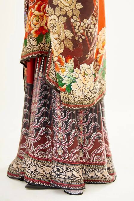 Shop_Rajdeep Ranawat_Orange Satin Floral Ghufran Printed Gharara_Online_at_Aza_Fashions