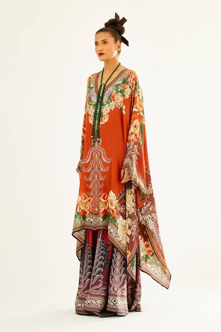 Rajdeep Ranawat_Orange Silk Floral V Neck Gulrez Kaftan Tunic_Online_at_Aza_Fashions