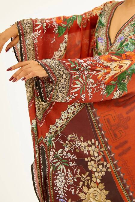Shop_Rajdeep Ranawat_Orange Silk Floral V Neck Gulrez Kaftan Tunic_Online_at_Aza_Fashions