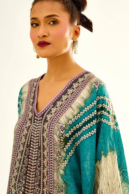 Buy_Rajdeep Ranawat_Blue Silk Floral, Geometric V Neck Helen Kaftan Tunic_Online_at_Aza_Fashions