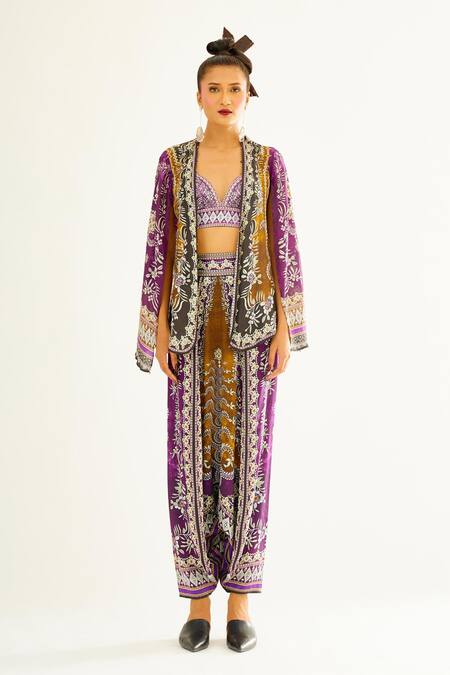 Rajdeep Ranawat_Purple Satin Floral Hetvi Printed Turkish Pant_Online_at_Aza_Fashions