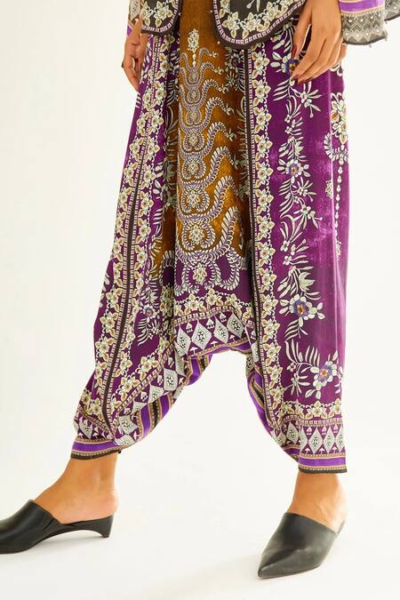 Buy_Rajdeep Ranawat_Purple Satin Floral Hetvi Printed Turkish Pant_Online_at_Aza_Fashions