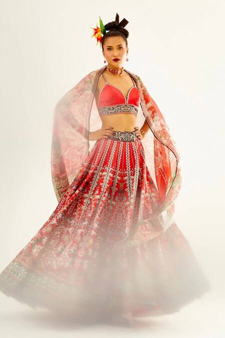 Buy_Rajdeep Ranawat_Multi Color Satin, Dupion , Kota Floral Leela Print Lehenga Set_Online_at_Aza_Fashions