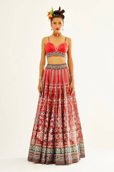 Shop_Rajdeep Ranawat_Multi Color Satin, Dupion , Kota Floral Leela Print Lehenga Set_Online_at_Aza_Fashions