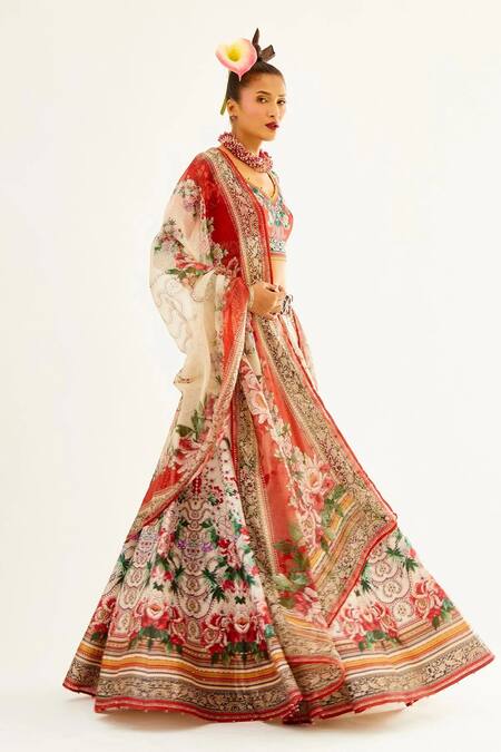 Rajdeep Ranawat_Ivory Dupion , Scuba, Kota Floral Leaf Leela Print Bridal Lehenga Set_Online_at_Aza_Fashions