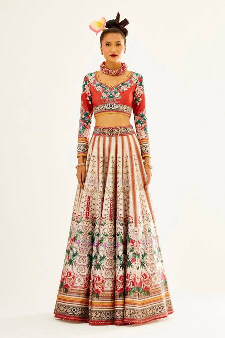 Buy_Rajdeep Ranawat_Ivory Dupion , Scuba, Kota Floral Leaf Leela Print Bridal Lehenga Set_Online_at_Aza_Fashions