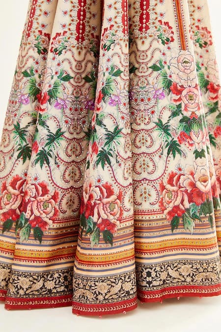 Shop_Rajdeep Ranawat_Ivory Dupion , Scuba, Kota Floral Leaf Leela Print Bridal Lehenga Set_Online_at_Aza_Fashions