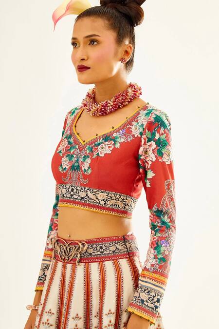 Rajdeep Ranawat_Ivory Dupion , Scuba, Kota Floral Leaf Leela Print Bridal Lehenga Set_at_Aza_Fashions