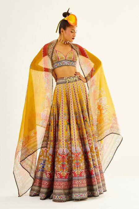 Rajdeep Ranawat_Yellow Satin, Dupion, Kota Silk Floral Sweetheart Neck Leela Print Lehenga Set_Online_at_Aza_Fashions