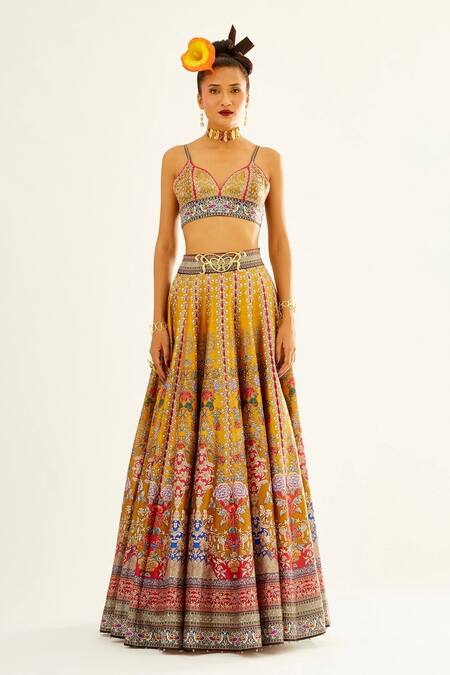 Buy_Rajdeep Ranawat_Yellow Satin, Dupion, Kota Silk Floral Sweetheart Neck Leela Print Lehenga Set_Online_at_Aza_Fashions