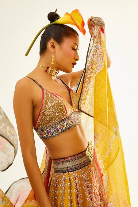 Shop_Rajdeep Ranawat_Yellow Satin, Dupion, Kota Silk Floral Sweetheart Neck Leela Print Lehenga Set_Online_at_Aza_Fashions