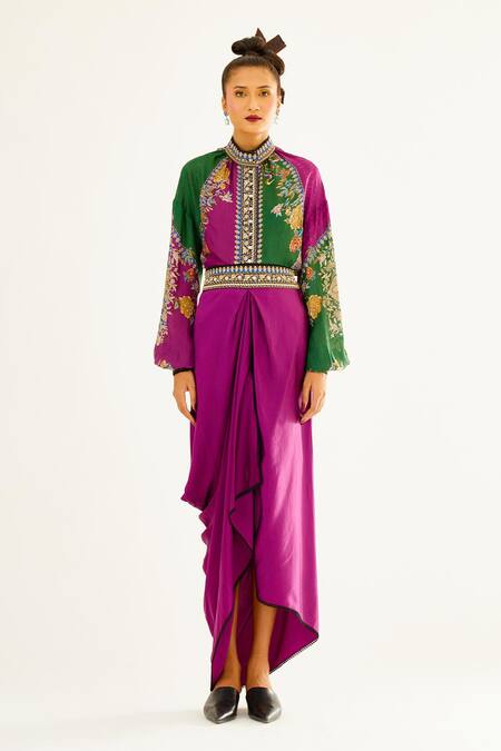 Rajdeep Ranawat_Purple Satin Leila Draped Skirt_Online_at_Aza_Fashions