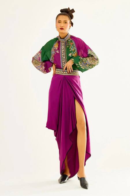 Buy_Rajdeep Ranawat_Purple Satin Leila Draped Skirt_Online_at_Aza_Fashions