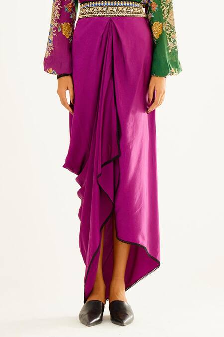 Shop_Rajdeep Ranawat_Purple Satin Leila Draped Skirt_Online_at_Aza_Fashions