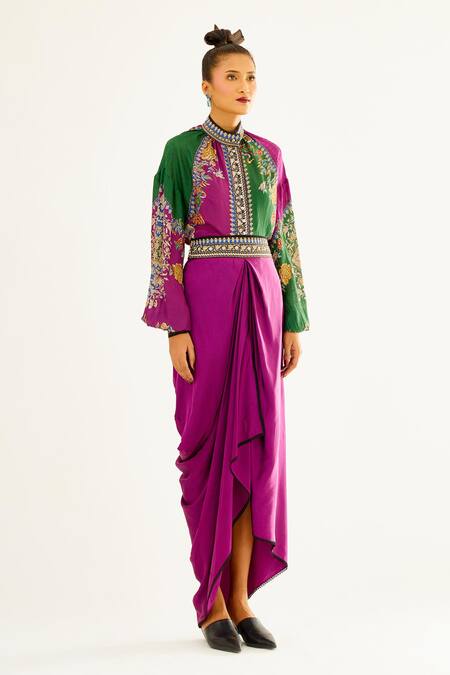 Rajdeep Ranawat_Purple Satin Leila Draped Skirt_at_Aza_Fashions