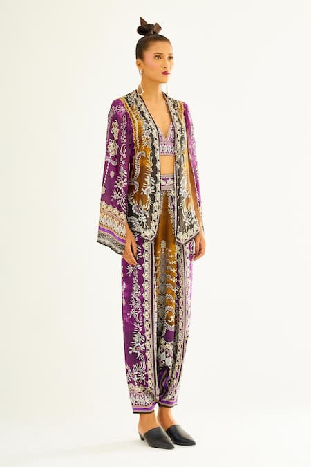 Rajdeep Ranawat_Purple Silk Floral Open Madina Printed Cape_Online_at_Aza_Fashions