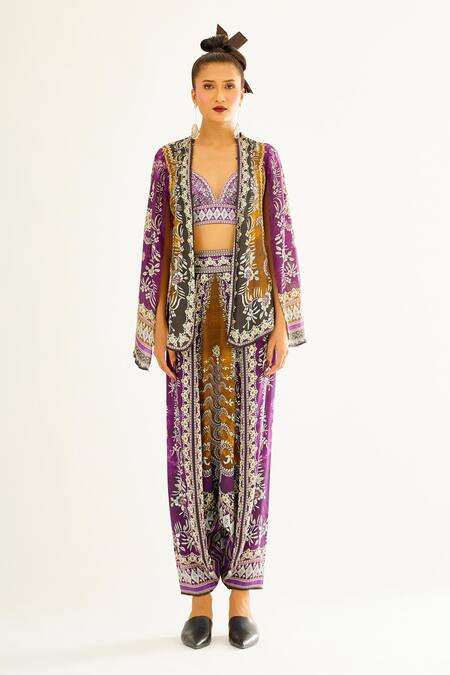 Buy_Rajdeep Ranawat_Purple Silk Floral Open Madina Printed Cape_Online_at_Aza_Fashions