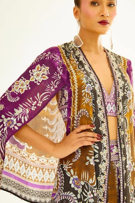Shop_Rajdeep Ranawat_Purple Silk Floral Open Madina Printed Cape_Online_at_Aza_Fashions