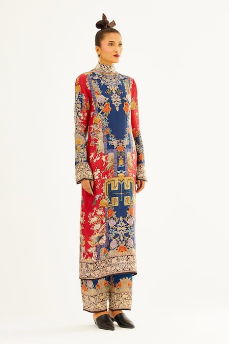 Rajdeep Ranawat_Red Silk Floral High Neck Misa Printed Kurta_Online_at_Aza_Fashions