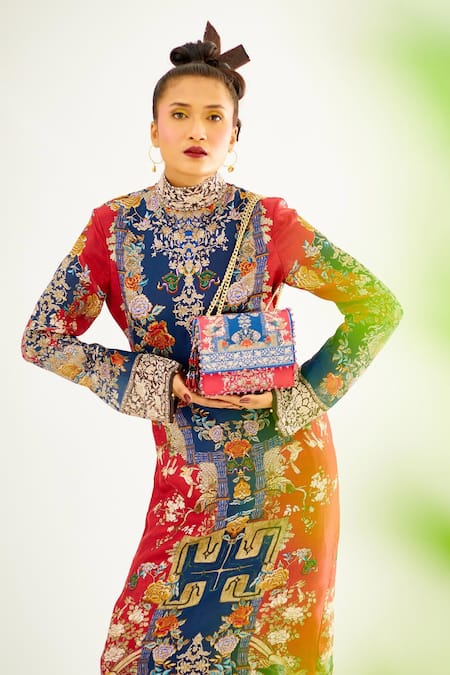 Shop_Rajdeep Ranawat_Red Silk Floral High Neck Misa Printed Kurta_Online_at_Aza_Fashions