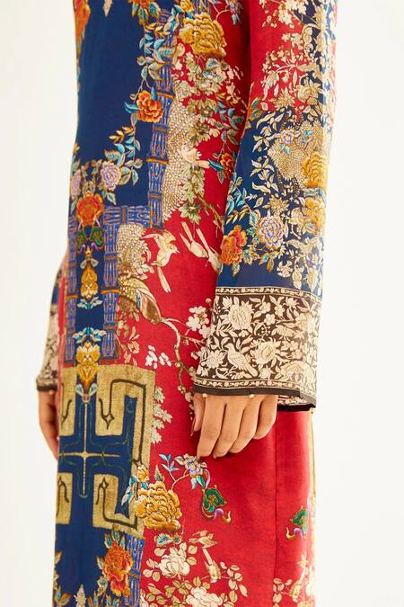 Rajdeep Ranawat_Red Silk Floral High Neck Misa Printed Kurta_at_Aza_Fashions