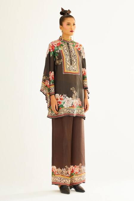 Rajdeep Ranawat_Brown Silk Floral Band Collar Nylla Tunic_Online_at_Aza_Fashions
