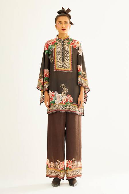 Buy_Rajdeep Ranawat_Brown Silk Floral Band Collar Nylla Tunic_Online_at_Aza_Fashions